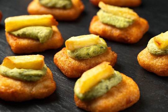 British Mini Fish and chips with mashed peas. Party Snack Food