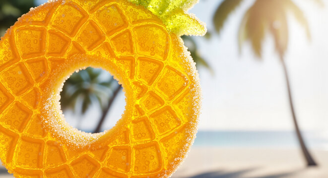 Shiny pineapple ring made of gummy candy on tropical beach background - Fruits made from gummy candies
