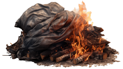 Burning pile of wood and fabric isolated on transparent background, creating a scene of destruction and waste, with flames and smoke rising from the pyre