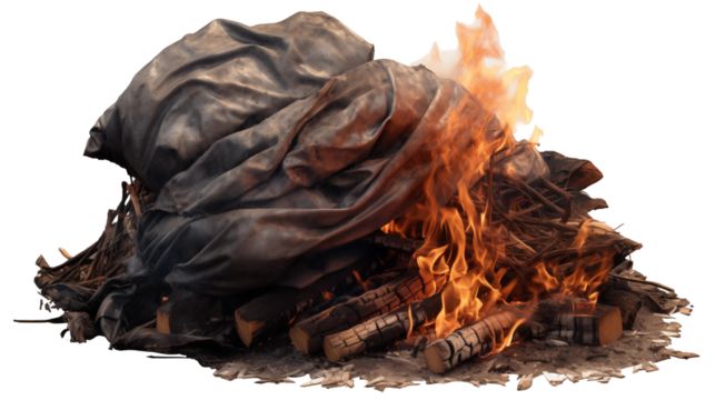 Burning pile of wood and fabric isolated on transparent background, creating a scene of destruction and waste, with flames and smoke rising from the pyre