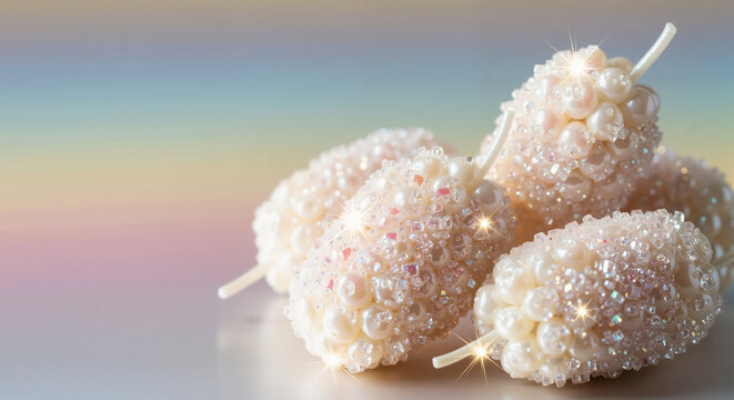 Gummy candy fruits covered in sugar crystals on colorful background - Fruits made from gummy candies