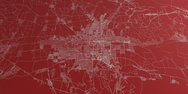 Bishkek (Kyrgyzstan) street map. The style of the map is red paper