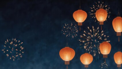 Festive Night Sky - Lanterns and Fireworks Celebration.