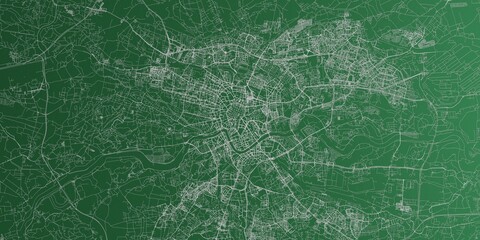 Krakow (Poland) street map. The style of the map is green paper