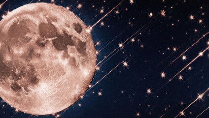 Full Moon and Meteor Shower in a Starry Night Sky.