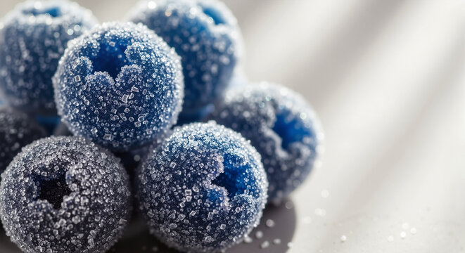 Gummy blueberries coated in sugar on a gray plate - Fruits made from gummy candies