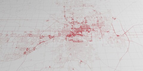 Fort Wayne (Indiana, USA) street map. The style of the map is red ink