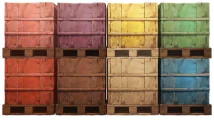 Colorful wooden crates stacked on pallets, isolated on transparent background, showcasing a vibrant array of storage solutions for organization and transportation needs