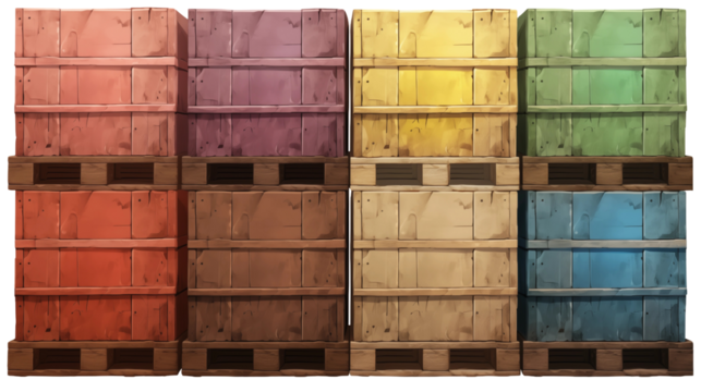 Colorful wooden crates stacked on pallets, isolated on transparent background, showcasing a vibrant array of storage solutions for organization and transportation needs