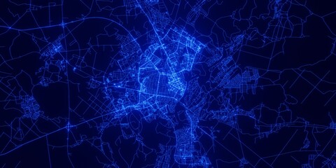 Gomel (Belarus) street map. The style of the map is blue glow