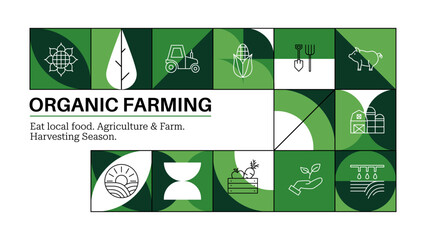 Organic Farming Geometric Concept. Modern Vector Banner Illustration Farm Landscape. Line Art Design. Organic Local Natural Fresh Food. Eco Outline Agricultural Concept For Sustainable Food 