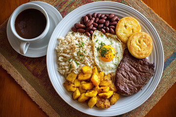 Traditional Colombian breakfast, served on the table with coffee