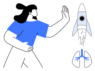 Woman gesturing stop with raised hand near rocket and lung diagram, symbolizing limits, innovation, health, progress. Ideal for healthcare, growth, boundaries, wellness focus science simple flat