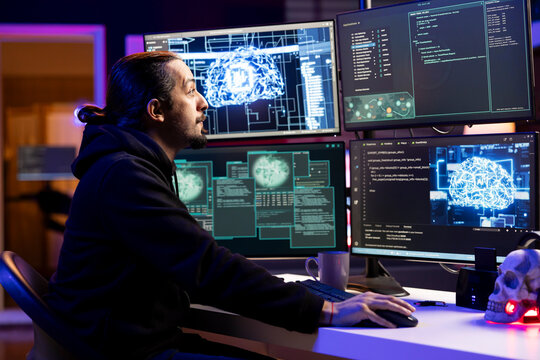 Cybersecurity guru using AI technology to break into secure computer systems and bypass security. Rogue technician in dark tech ambiance uses deep learning to attack weak spots in company networks