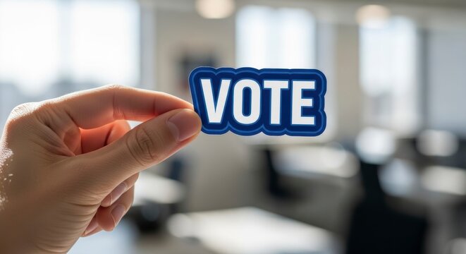 Voice of the People: A hand gently holds a VOTE sign, set against a backdrop of an empty room, symbolizing participation in the democracy process. 