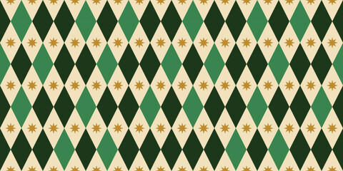Green Rhombus with Golden Star Seamless Pattern. Elegant Geometrical Vector Illustration. Triangle Motifs And Gold Modern Winter Minimal Shapes. Stylish Holiday Background © anna_leni
