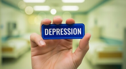 Depression Awareness: A hand delicately holds a sign boldly displaying the word DEPRESSION in a sterile setting, creating a thought-provoking image about mental health.