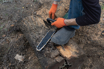 Man holding an electric chainsaw in front of a log