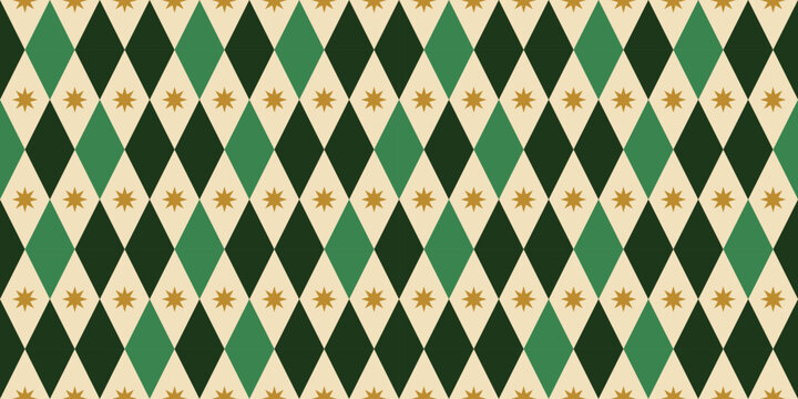 Green Rhombus with Golden Star Seamless Pattern. Elegant Geometrical Vector Illustration. Triangle Motifs And Gold Modern Winter Minimal Shapes. Stylish Holiday Background
