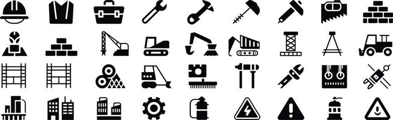 Obraz premium Construction and Engineering Icons – Minimalist Black Symbols for Industrial Tools, Safety, and Infrastructure UI Design