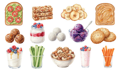 Watercolor Set of Healthy Energy Snacks and Quick Dessert Food