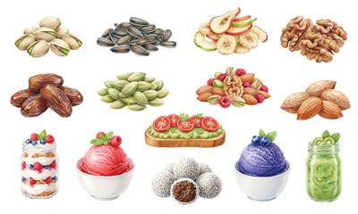 Watercolor Set of Healthy Nuts, Dried Fruit, and Dessert Snacks