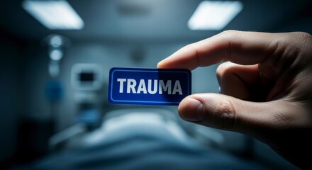 Symbol of Trauma: A hand delicately holds a small sign bearing the word TRAUMA, a stark depiction of mental and emotional distress set against the backdrop of a sterile hospital room.