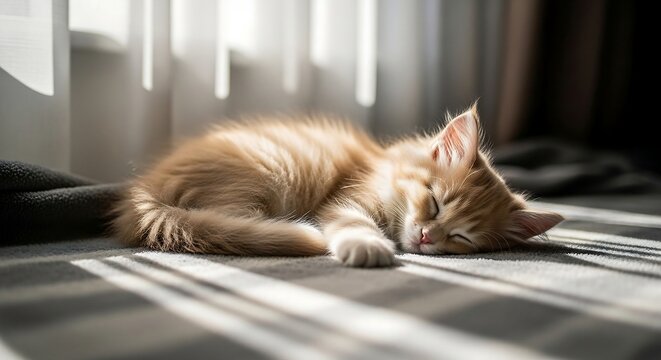 kitten sleeping soundly on a striped bed in the sun creating a cozy peaceful scene ideal for illustrating pet care and home comfort - Powered by Adobe