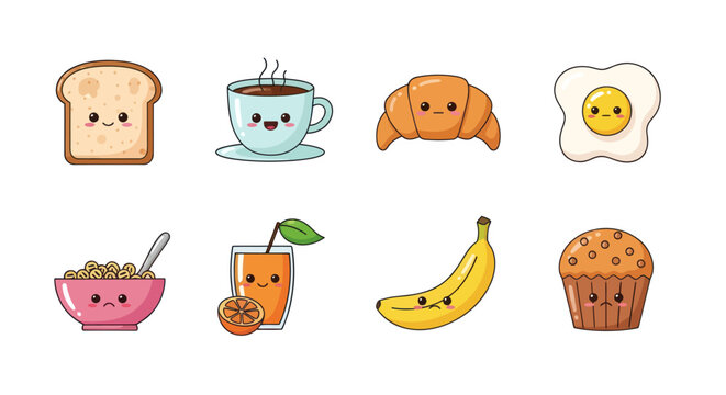 Cartoon breakfast food collection featuring toast coffee croissant and more