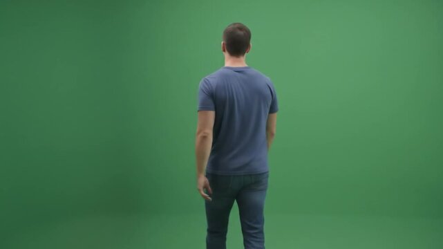 Man in casual attire pauses, looking thoughtfully to the side in a dynamic green screen studio environment, ready for digital manipulation and creative projects.
