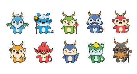 Cartoon creatures collection diverse colorful characters illustrations