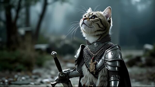 A cat dressed as a knight holding a sword