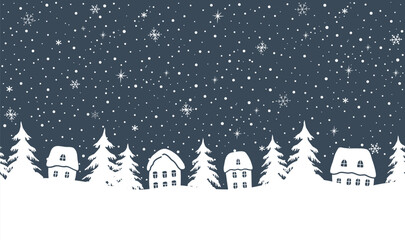 Winter Seamless Border. Christmas Village. Fairy tale Winter Landscape. White Houses, Fir trees, Snow, Snowflakes on Dark Blue background. Silhouettes. Paper Cut Stencil. Vector illustration