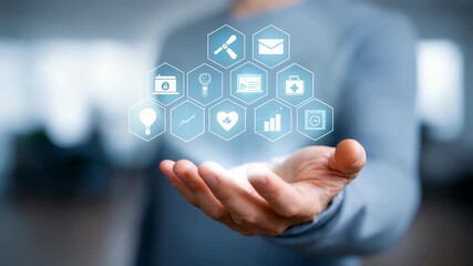 A male hand presents floating hexagonal icons for business, health, and analytics, highlighting digital innovation. The image conveys concepts of smart technology and future business solutions - Powered by Adobe