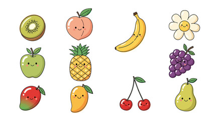 Cartoon fruits collection with happy faces isolated on white background