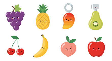 Cartoon fruits collection with happy faces on white background isolated design