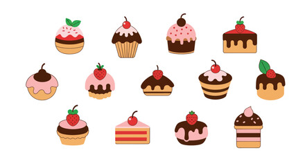 Assorted colorful cupcakes and cakes displayed on white background