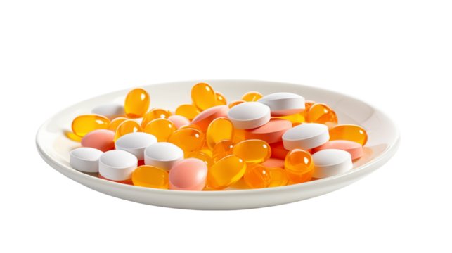 A white plate filled with colorful pills and capsules, representing medication, vitamins, and supplements for health and wellness, isolated on transparent background