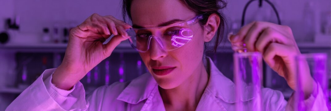 Robot Scientist Tests New Prototype AR Glasses in Neon-Lit Laboratory Environment