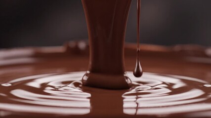 Stream of melted milk chocolate pouring into a glossy pool, forming smooth ripples and a splash crown, rich creamy texture and silky shine, appetizing macro close‑up - Powered by Adobe