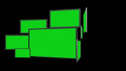 Dynamic arrangement of multiple green screen monitors showcasing blank digital displays ready for creative content insertion and dynamic visual storytelling.