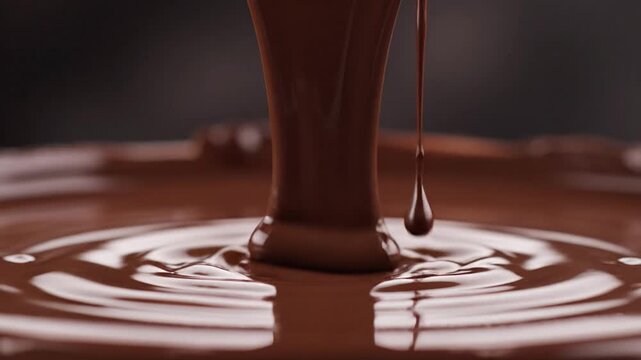 Stream of melted milk chocolate pouring into a glossy pool, forming smooth ripples and a splash crown, rich creamy texture and silky shine, appetizing macro close‑up