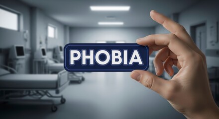 Confronting Fear: A hand delicately holds a neon sign displaying the word PHOBIA against a backdrop of a sterile hospital room, a visual representation of facing anxieties and fears.