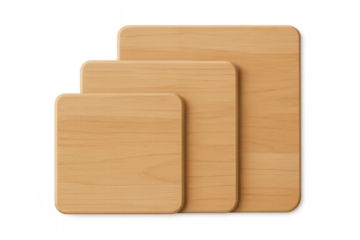 Three wooden cutting boards in various sizes for kitchen preparing, cooking, and food presentation on transparent background