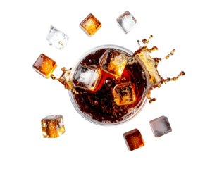 Floating Soda Drink: Overhead Shot of Cup with Splashing Cola and Ice Cubes