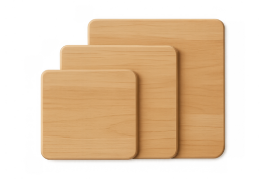 Three wooden cutting boards in various sizes for kitchen preparing, cooking, and food presentation on transparent background