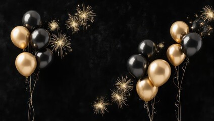 Elegant Black and Gold Balloons with Fireworks on Dark Background.