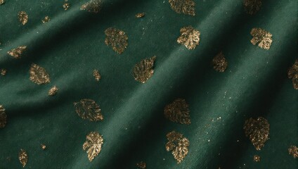 Elegant emerald green fabric with golden leaf patterns, luxurious textile design.