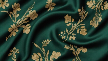 Elegant Emerald Green Silk Fabric with Golden Floral Pattern.