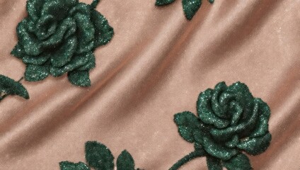 Elegant fabric with embroidered green roses, a beautiful floral design.